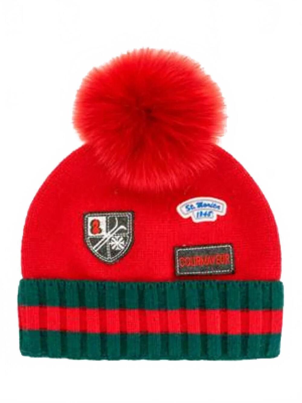 NEW MITCHIE'S MATCHINGS women's knit ski logo beanie with fox fur pom pom in red